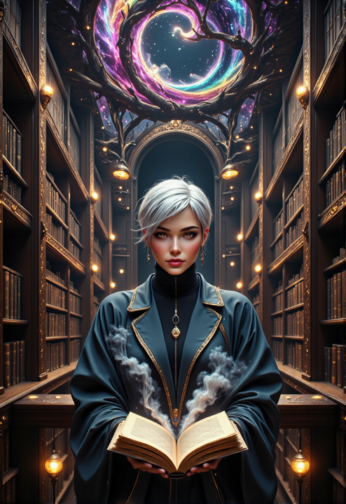 mobile-mystische-magierin-bibliothek-magisches-buch Mystische Magierin in einer alten Bibliothek mit einem magischen Buch – Wissen und Magie vereint.