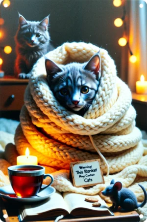Katzen im dicken Strickschal mit Kerzenlicht und Warnschild – gemütliches Blechschild voller Charme.