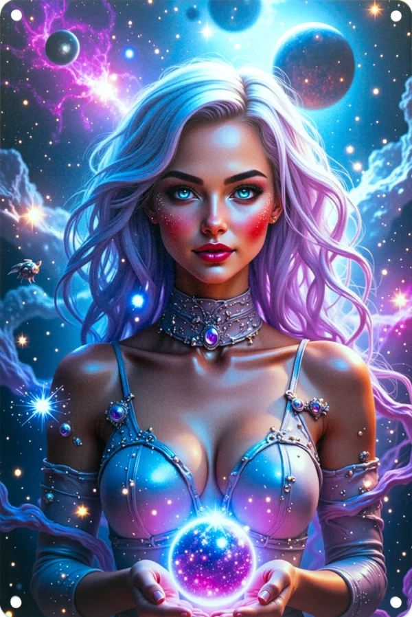 Kosmische Hohepriesterin mit funkelndem Kristallorb vor galaktischem Sternenhimmel – futuristisch-magisch auf Blech.