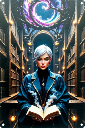 Magische Bibliothekarin mit weißem Haar und schwebendem Zauberbuch vor einem leuchtenden Portal – mystisches Blechschild.