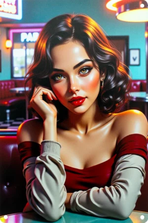 tilvolle Frau im amerikanischen Diner – Pin-up-Porträt mit Retro-Glamour auf Blechschild.