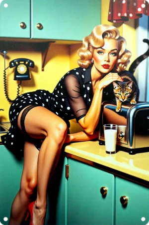 Pin-up-Dame im Polka-Kleid mit Katze und Glas Milch auf der Küchentheke – Retro-Blechschild im 50s-Stil.