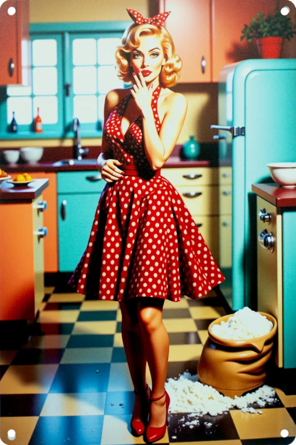 Pin-up-Frau im Polka-Dot-Kleid überrascht in farbenfroher Retro-Küche mit verschüttetem Mehl.